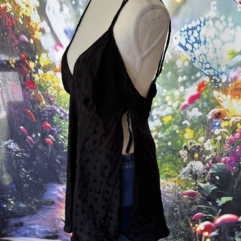 VTG Silkscreen Nightie 100% Silk Black Hearts Large Whimsigoth Fairy Grunge Y2K